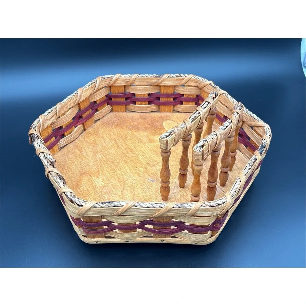 Vintage Handcrafted Joseph R Miller Hexagon Wooden Basket Lazy Susan